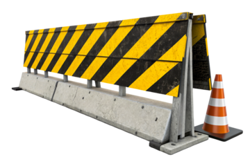 Construction barrier with warning stripes and traffic cone
