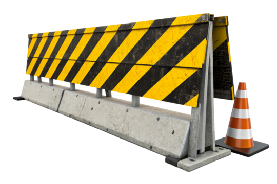 Construction barrier with warning stripes and traffic cone