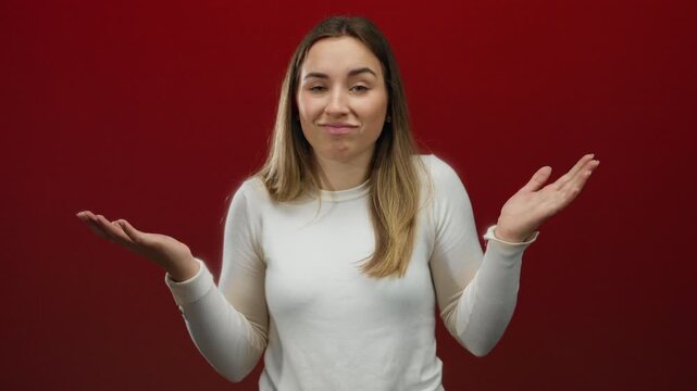 Woman gesturing thumbs down against a red background conveying displeasure or dissatisfaction in a casual setting.