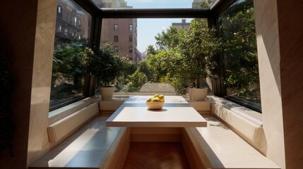 Naklejka premium Modern dining area with a large window that offers a beautiful view of the city. the room has a wooden floor and walls, and the window is made of glass, allowing natural light to enter the space.