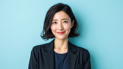 Confident Japanese businesswoman with short hair in front of light blue background