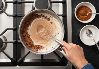 Discover simple Food Hacks for a delicious homemade hot chocolate. A Quick Recipe being prepared by whisking cocoa into milk on a stovetop