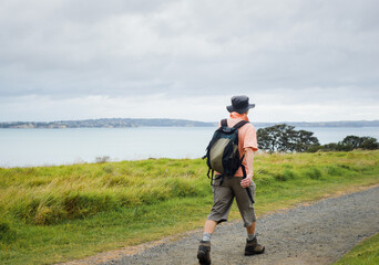 Hiker walking the coastal track. Long Bay. Auckland.