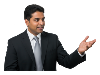 Professional business man in formal suit explaining or presenting with confident expression in a modern setting, showcasing communication and