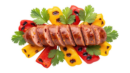 Grilled sausage sliced with colorful fresh vegetable garnishes including bell peppers, herbs, and edible flowers, on a white background for
