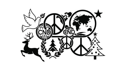 Symbols of peace, global unity, and festive celebration united with nature elements.