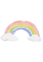 Colorful watercolor rainbow with fluffy white clouds. Perfect for kids’ designs, weather posters, nursery art, and happy decor.