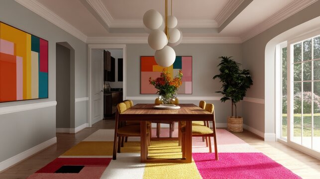 Modern dining room with a wooden table and six chairs. the table is in the center of the room and has a vase of flowers on it.