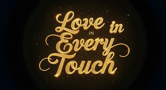 A glowing, elegant typographic design with the phrase 'Love in Every Touch' illuminated in warm golden tones against a dark background, creating a romantic and inspiring atmosphere