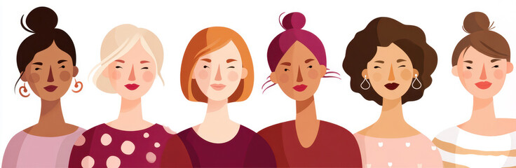 Obraz premium Diverse Group Of Women With Different Hairstyles And Skin Tones On White Background Representing Female Empowerment