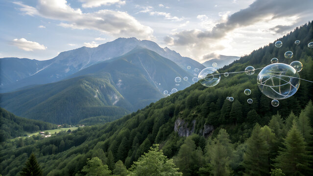 Sparkling disco ball floating above green mountain valley
