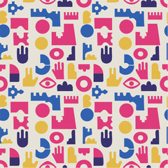 Fototapeta premium Abstract Geometric Seamless Pattern. Minimalist Retro-Futuristic Texture Background in Primary Colors