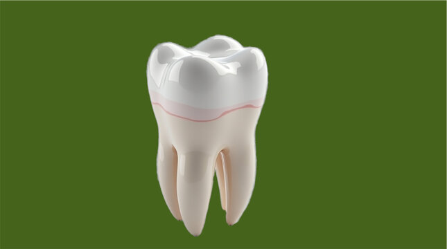 This is a 3D digital illustration of a human molar tooth. The tooth exhibits a white, glossy enamel crown and light beige roots. A subtle pink line indicates the gingival margin or cementoenamel