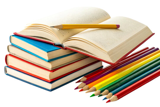 Stack of books with open page and colored pencils