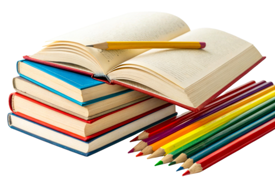 Stack of books with open page and colored pencils