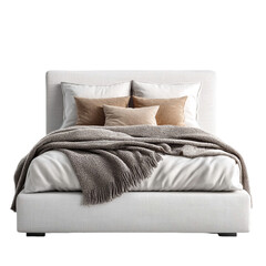 A well made bed with white sheets and pillows and a brown blanket with tassels on a black background