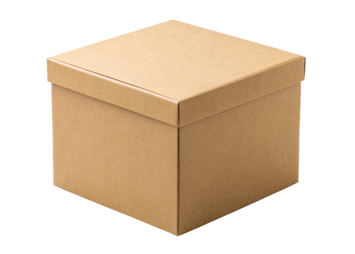 brown cube shaped cardboard box isolated on a transparent background.