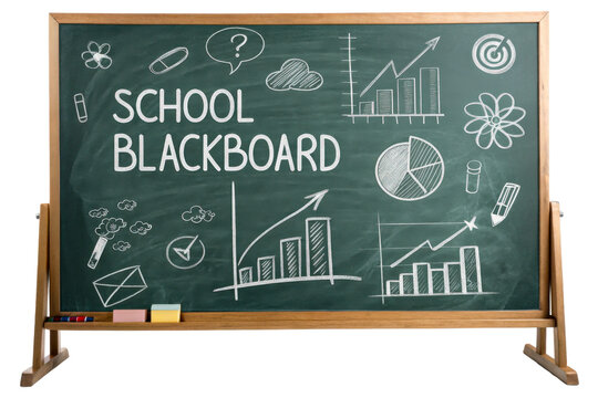 Green chalkboard with white chalk drawings of graphs and icons