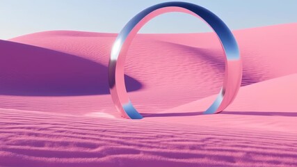 A shiny silver hoop stands in a pink desert with rippled sand dunes under a blue sky - Powered by Adobe