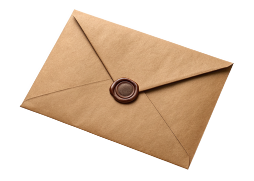Brown envelope with wax seal closure isolated on a transparent background.