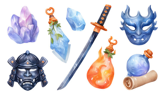 Colorful Samurai Elements and Artifacts on Isolated Transparent Background - Powered by Adobe