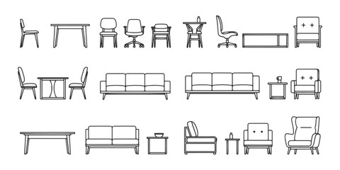 Fototapeta premium CAD Drawings. Set of modern furniture in section view. Includes various chairs, sofas, tables, and armchairs. Vector illustration.