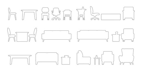 CAD Drawings. Set of outline modern furniture in section view. Includes various chairs, sofas, tables, and armchairs. Vector illustration.