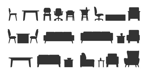 CAD Drawings. Set of silhouette modern furniture in section view. Includes various chairs, sofas, tables, and armchairs. Vector illustration.