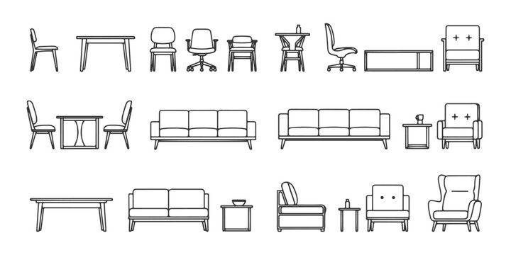 CAD Drawings. Set of modern furniture in section view. Includes various chairs, sofas, tables, and armchairs. Vector illustration.