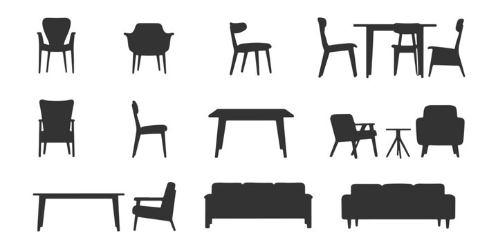 CAD Drawings. Modern silhouette furniture in section view, including various chairs, sofas, tables, and armchairs. Vector illustration.