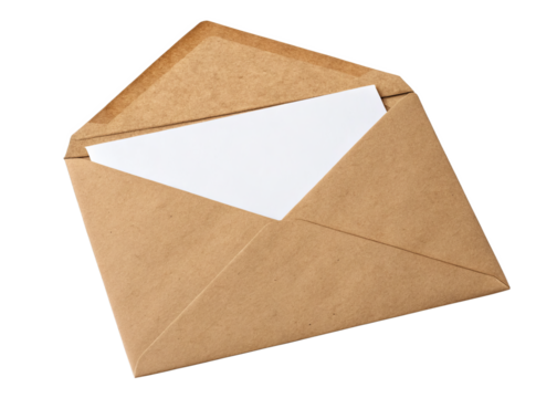 Brown kraft paper envelope with a blank white card inside for mockup isolated on a transparent background.