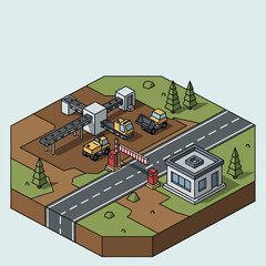Isometric illustration of a guarded industrial checkpoint with trucks.