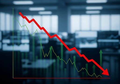A declining stock market graph is displayed against a blurred office background, using a downward red arrow to convey a negative trend and financial loss. - Powered by Adobe