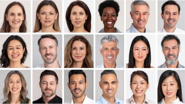 Collection of smiling headshots featuring diverse men and women on a clean white background showcasing joy and professionalism