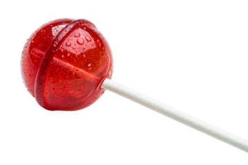 Translucent Red Lollipop with Water Droplets on White