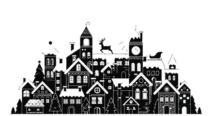 Whimsical village scene with festive holiday cheer and a reindeer pulling a sleigh