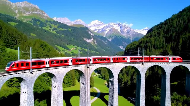 A red train travels across a stone arched bridge with mountain landscape in the background