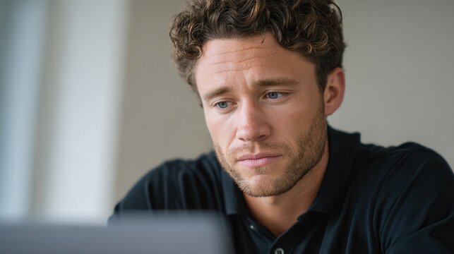 A young man with curly hair is concentrating on his laptop in a bright office setting. The mood is serious and professional, ideal for business themes.