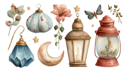 Obraz premium Enchanted Moonlight Garden Elements with Lanterns, Flowers, and Decorative Motifs
