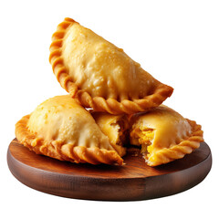 Fried baked pastry empanadas filled with ground beef cheese ham and crimped edges on wooden plate, isolated on white background