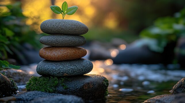 Stacked stones with sprout by stream