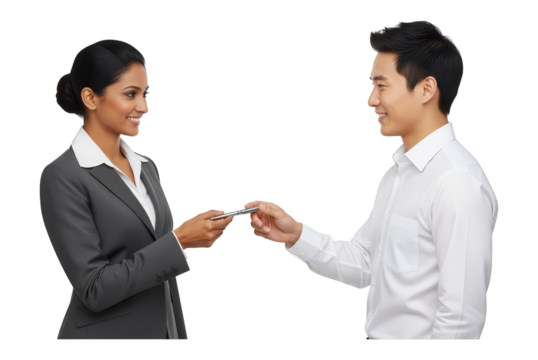 Professional businesswoman and businessman exchanging a card during a formal meeting in a bright modern environment, emphasizing collaboration