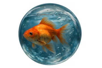 Goldfish entrapped in a floating water sphere, symbolizing confinement, isolation, and fragility, on transparent background