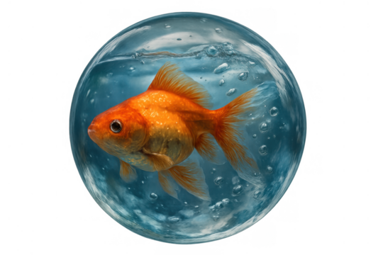 Goldfish entrapped in a floating water sphere, symbolizing confinement, isolation, and fragility, on transparent background