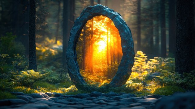 Stone portal to sunlit forest - Powered by Adobe