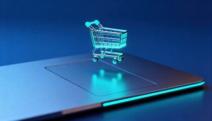 Fototapeta premium A glowing neon shopping cart levitates over a laptop trackpad. Futuristic e-commerce, online shopping, and digital retail technology concept