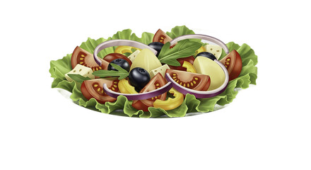 Fresh Salad Illustration with Lettuce Tomatoes Olives and Onions on Green