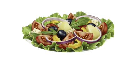 Fresh Salad Illustration with Lettuce Tomatoes Olives and Onions on Green