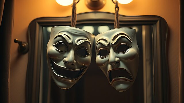 oriflamme. Comedy and tragedy masks hanging before a vintage dressing room mirror in a dim backstage setting. event programs.
