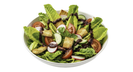Fresh Salad in a White Bowl with Green Lettuce Red Tomatoes and Cucumbers